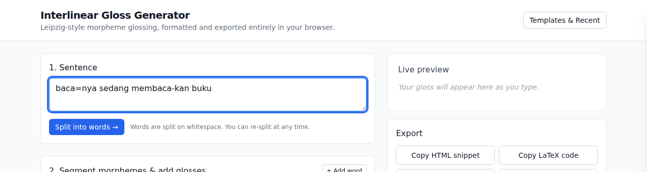 Sentence input box with an example sentence typed in