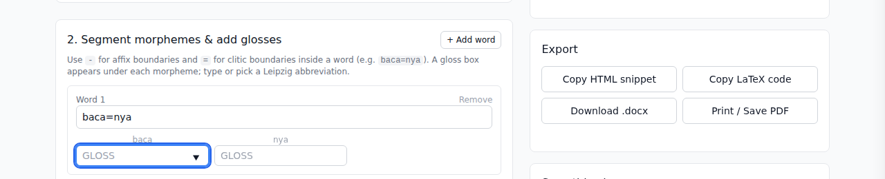 A gloss box appearing under a morpheme