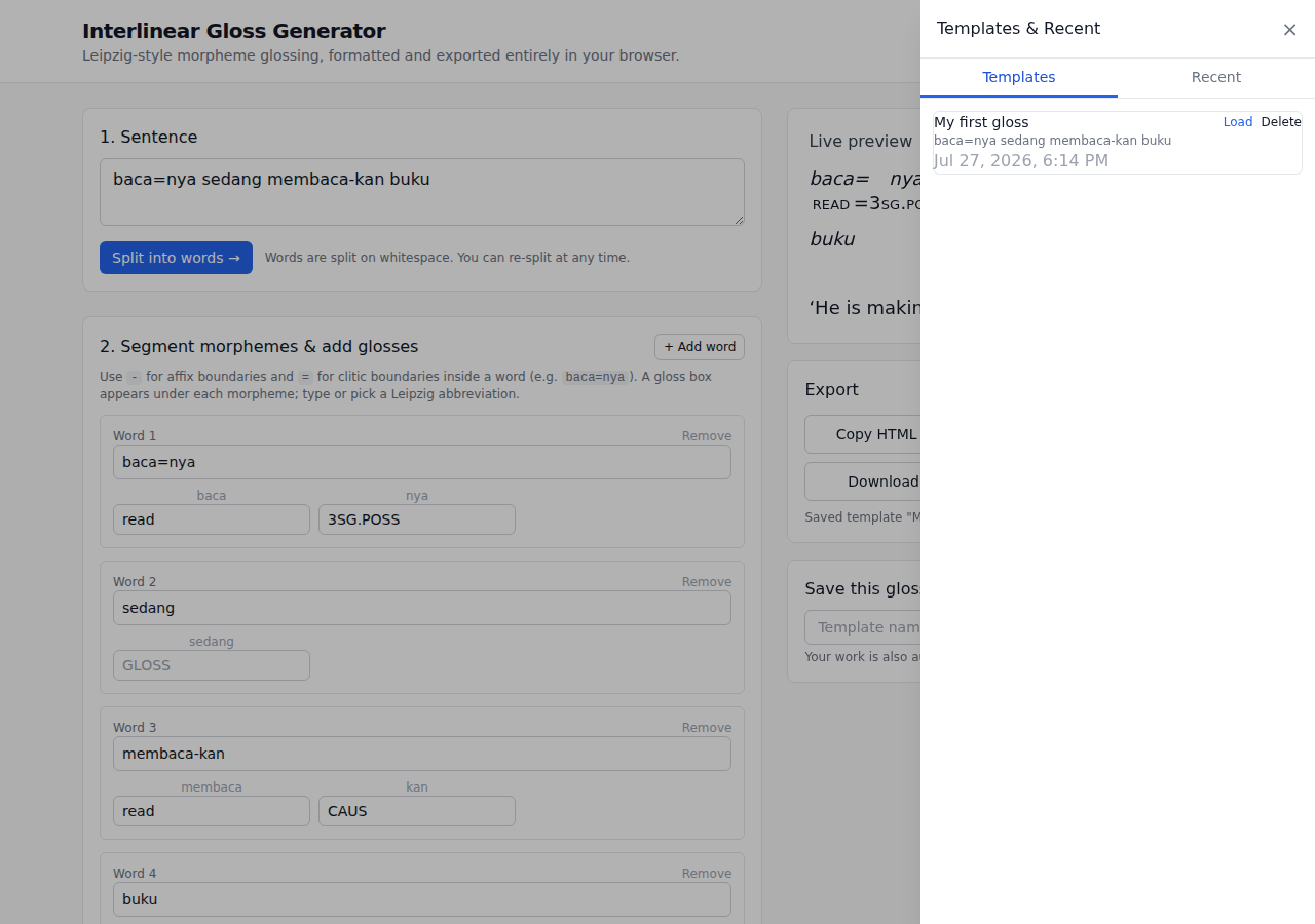 The Templates and Recent side panel listing a saved gloss